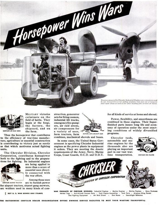 Chrysler advertisement from the 1940's, Horsepower wins wars.